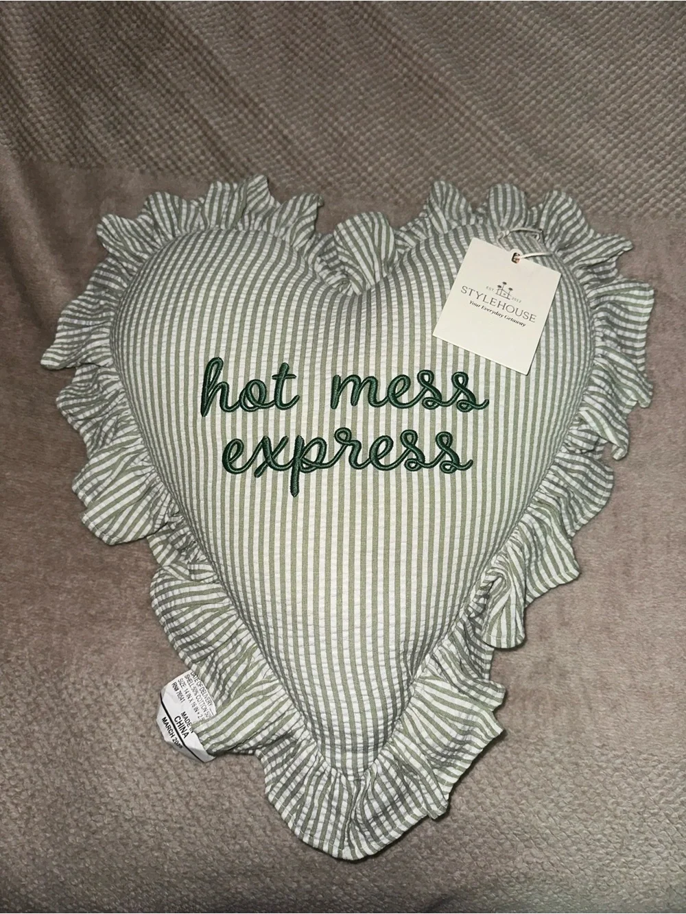 Striped Heart Green and White Embroidered Pillow with Ruffles - Hot Mess Express